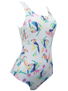 Ladies White Multi Toucan Print Scoop Neck Swimsuit