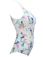 Load image into Gallery viewer, Ladies White Multi Toucan Print Scoop Neck Swimsuit
