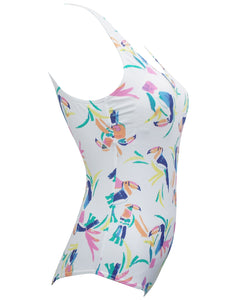 Ladies White Multi Toucan Print Scoop Neck Swimsuit