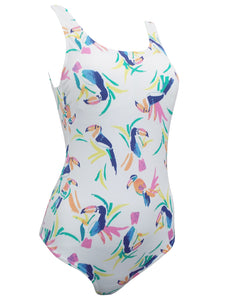 Ladies White Multi Toucan Print Scoop Neck Swimsuit