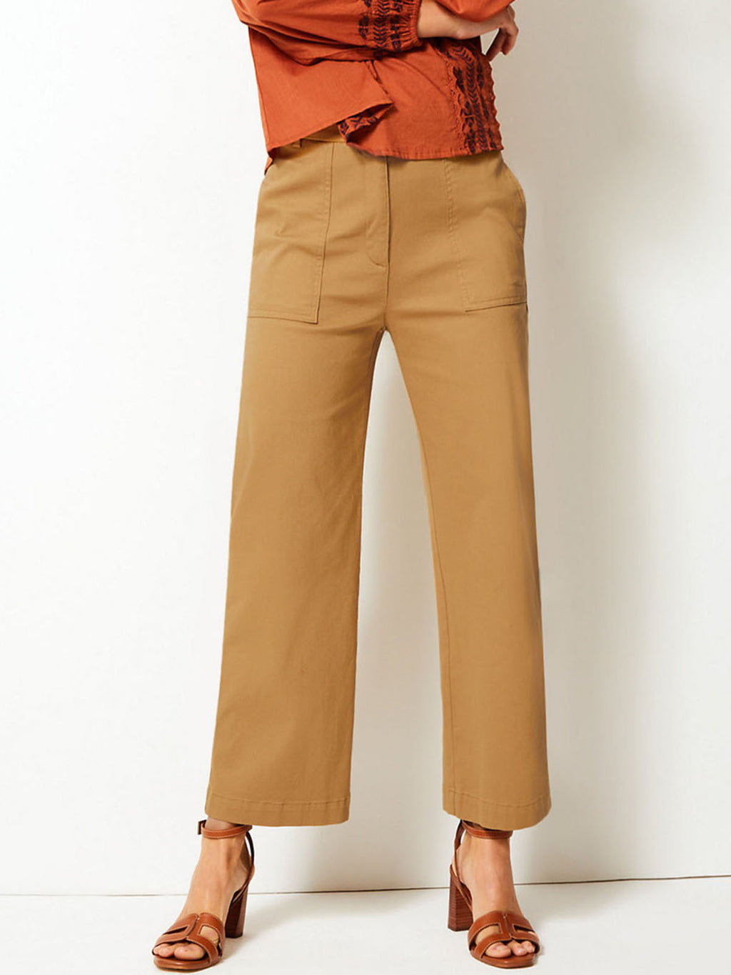 Ladies Camel Cotton Rich Wide Leg Utility Style Trousers