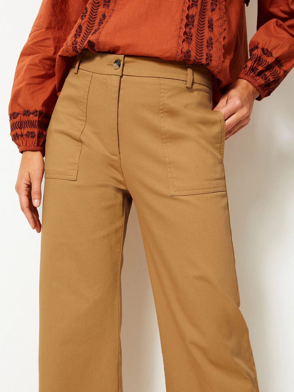 Ladies Camel Cotton Rich Wide Leg Utility Style Trousers