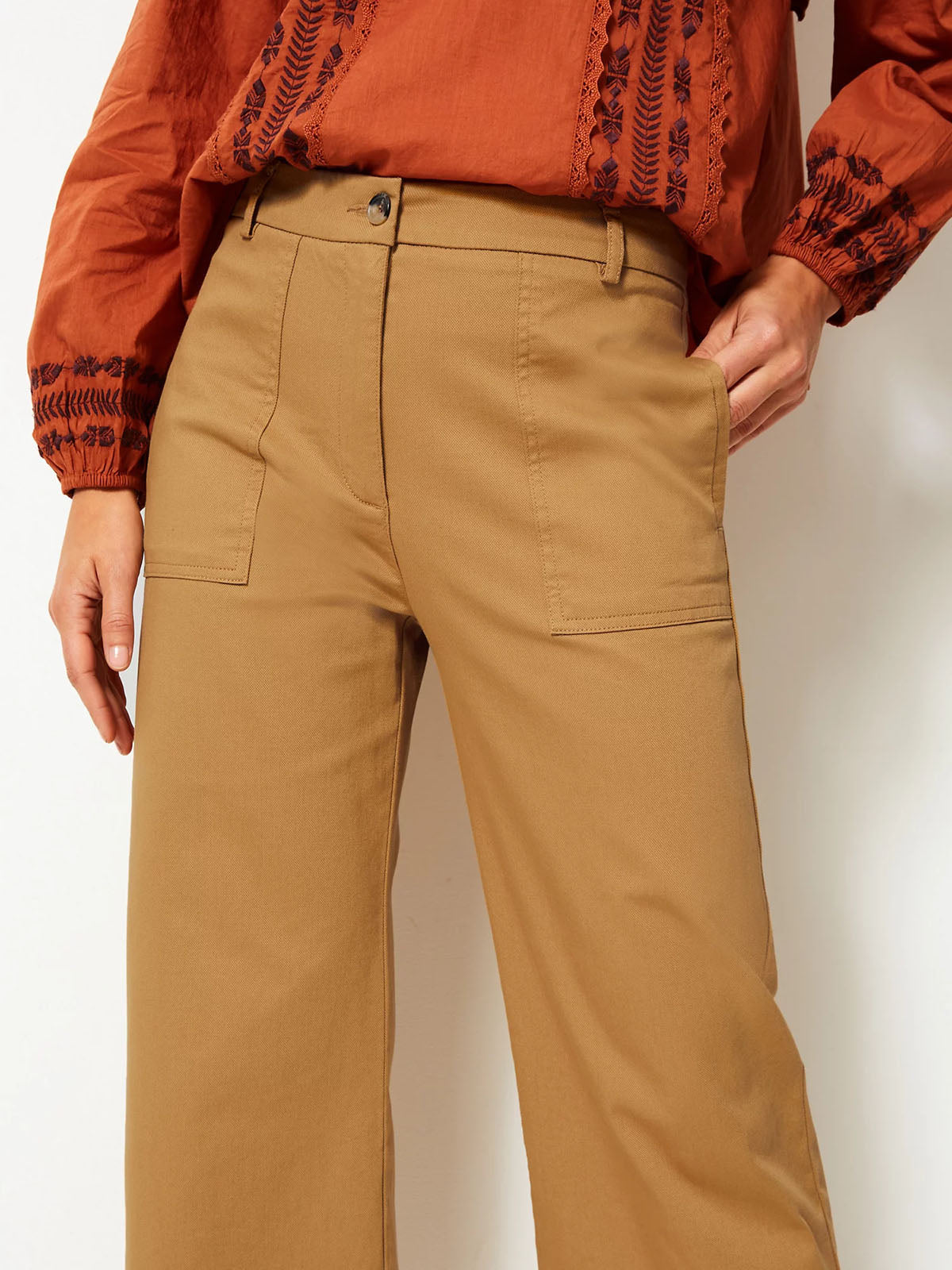 Ladies Camel Cotton Rich Wide Leg Utility Style Trousers