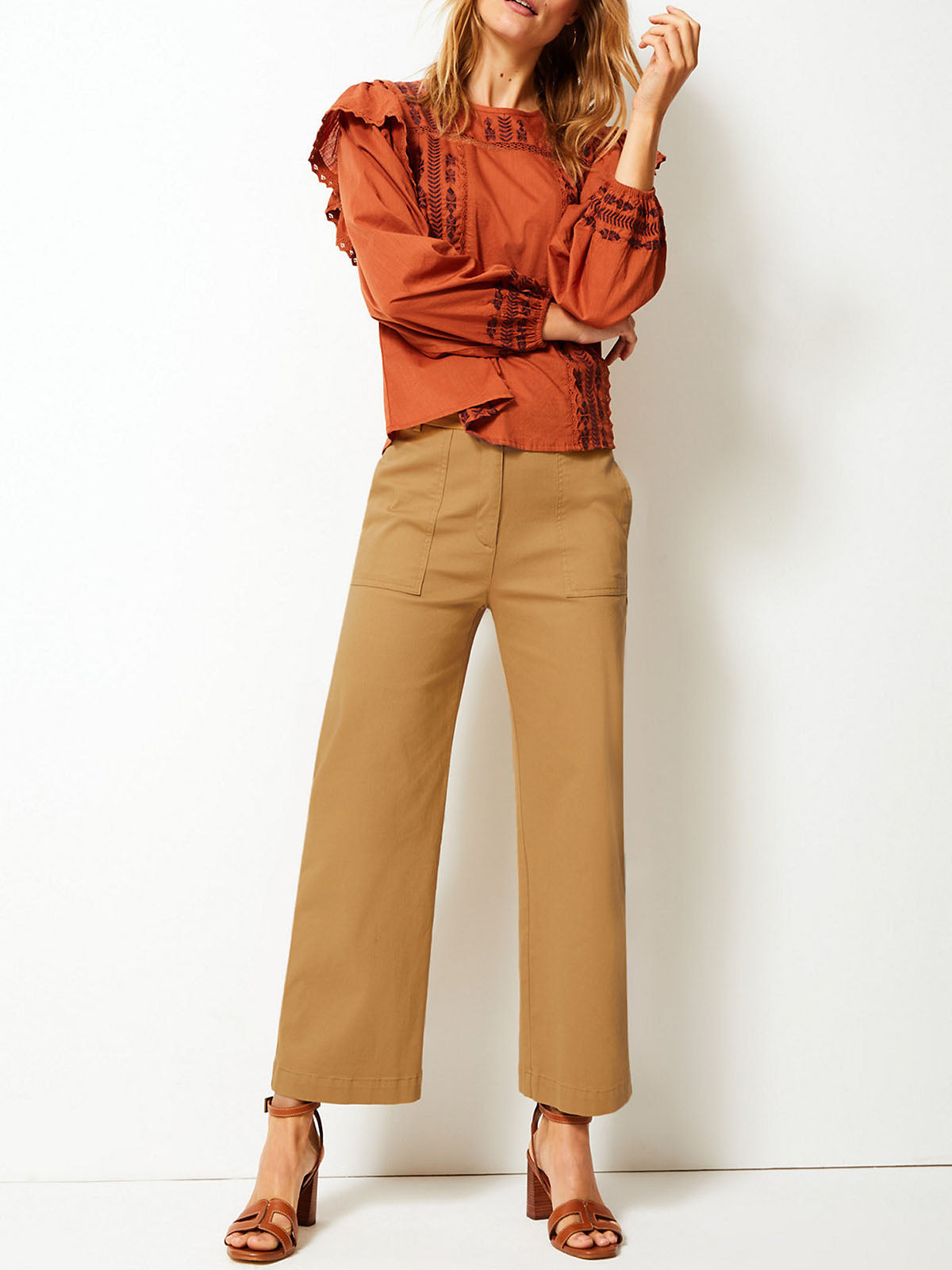 Ladies Camel Cotton Rich Wide Leg Utility Style Trousers