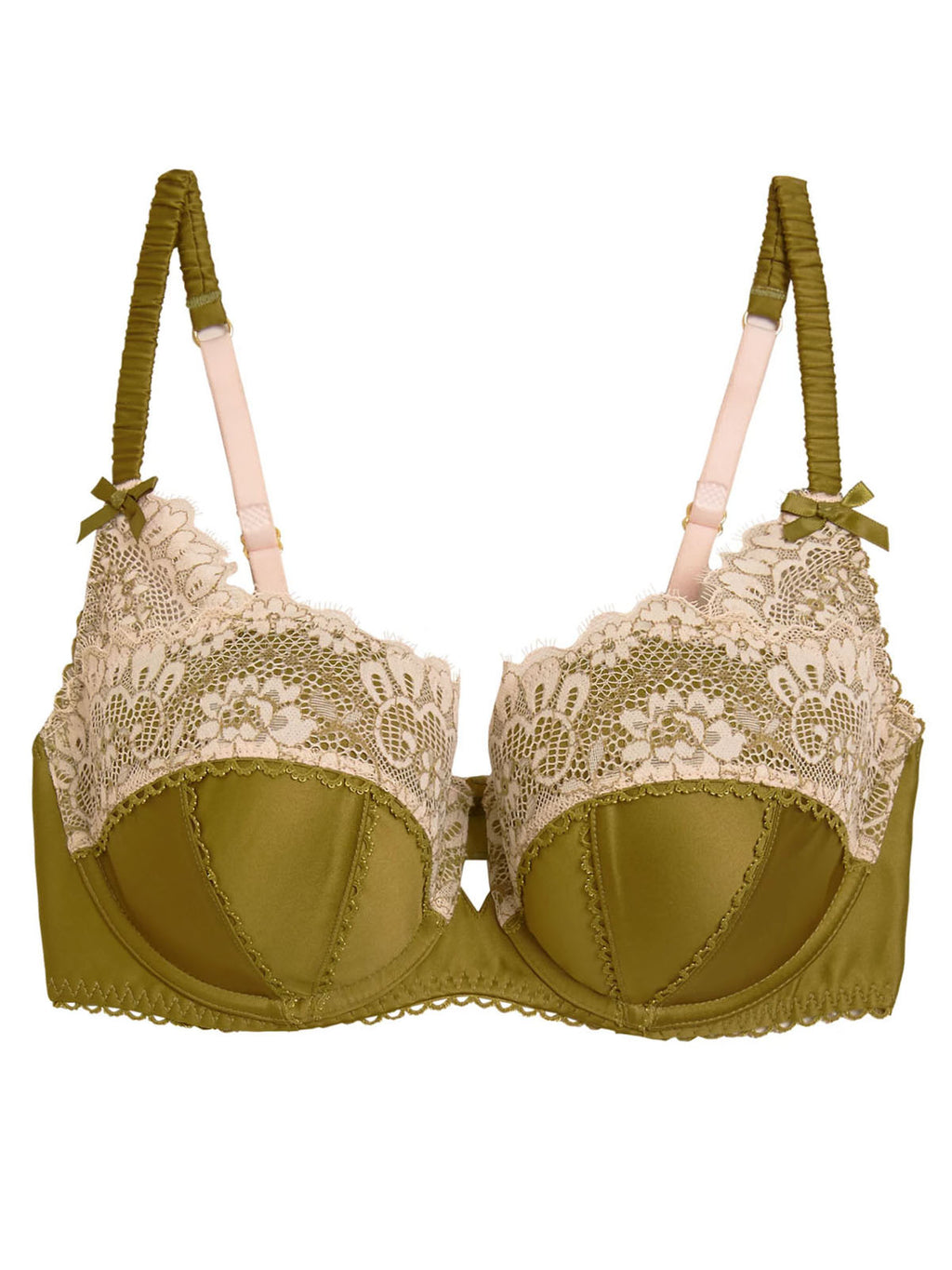 Green Satin & Lace Underwired Padded Balcony Bra