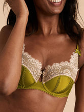 Load image into Gallery viewer, Green Satin &amp; Lace Underwired Padded Balcony Bra
