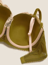 Load image into Gallery viewer, Green Satin &amp; Lace Underwired Padded Balcony Bra

