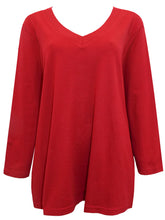 Load image into Gallery viewer, Ladies Red Pure Cotton V-Neck Long Sleeve Plus Size Tunic Tops
