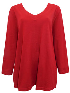 Ladies Red Pure Cotton V-Neck Long Sleeve Plus Size Tunic Tops