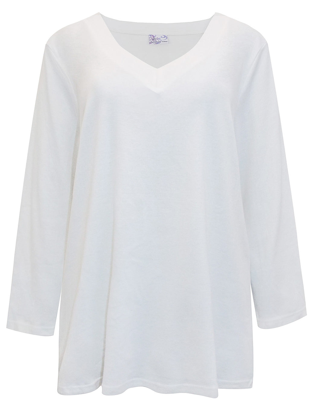 Ladies White Pure Cotton V-Neck Long Sleeve Plus Size Tunic Tops