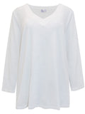 Ladies White Pure Cotton V-Neck Long Sleeve Plus Size Tunic Tops