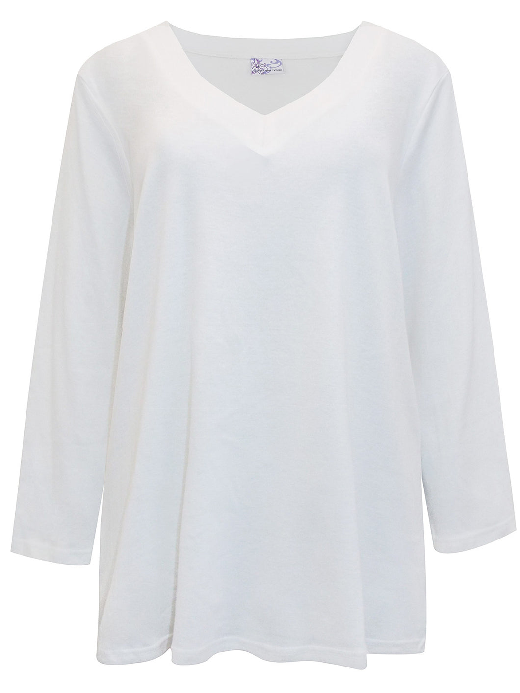 Ladies White Pure Cotton V-Neck Long Sleeve Plus Size Tunic Tops