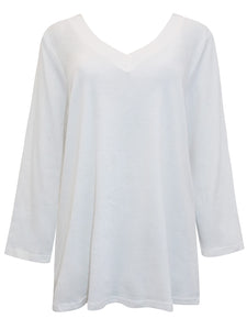 Ladies White Pure Cotton V-Neck Long Sleeve Plus Size Tunic Tops