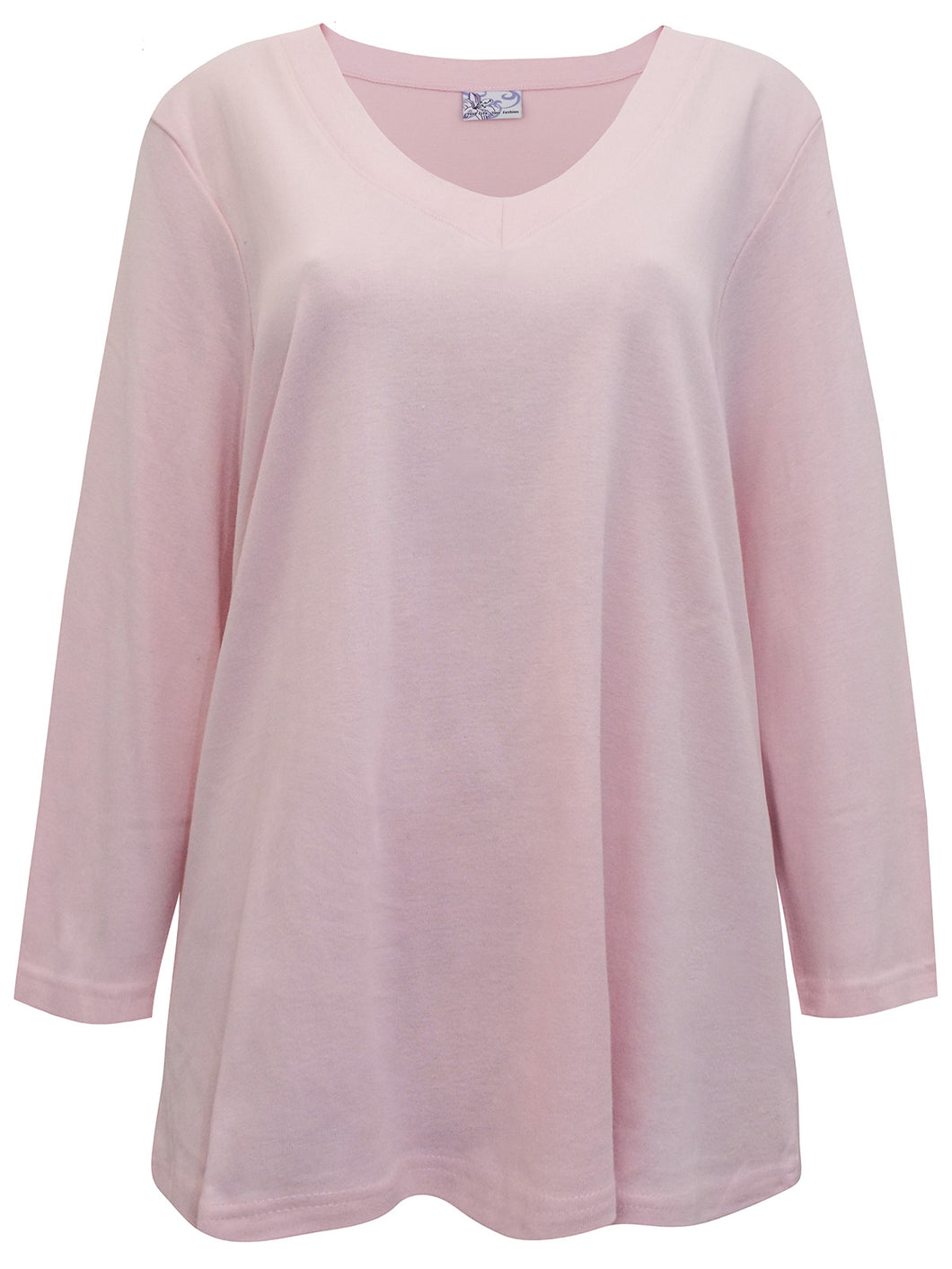 Ladies Pink Pure Cotton V-Neck Long Sleeve Plus Size Tunic Tops