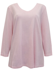 Ladies Pink Pure Cotton V-Neck Long Sleeve Plus Size Tunic Tops