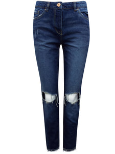 Blue Denim Boyfit Ripped Knees Frayed Hem Jeans