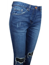 Load image into Gallery viewer, Blue Denim Boyfit Ripped Knees Frayed Hem Jeans
