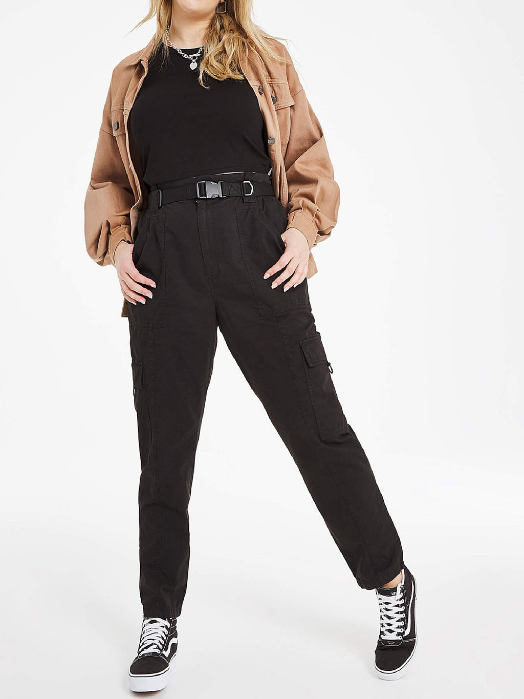 Ladies Black Belted Cotton Cargo Pockets Straight Leg Trousers