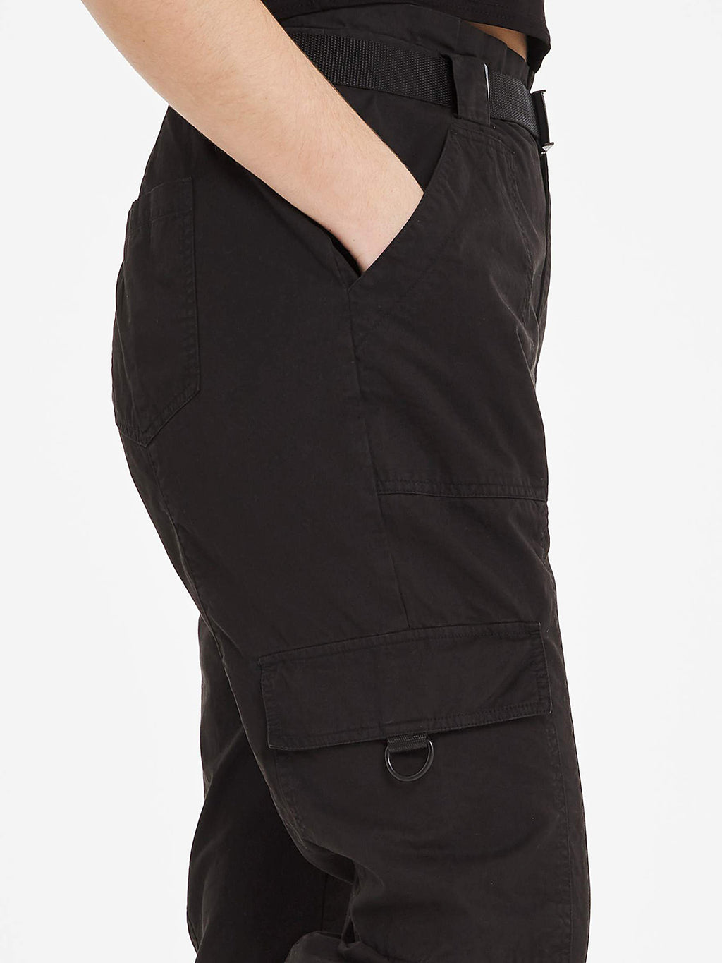 Ladies Black Belted Cotton Cargo Pockets Straight Leg Trousers