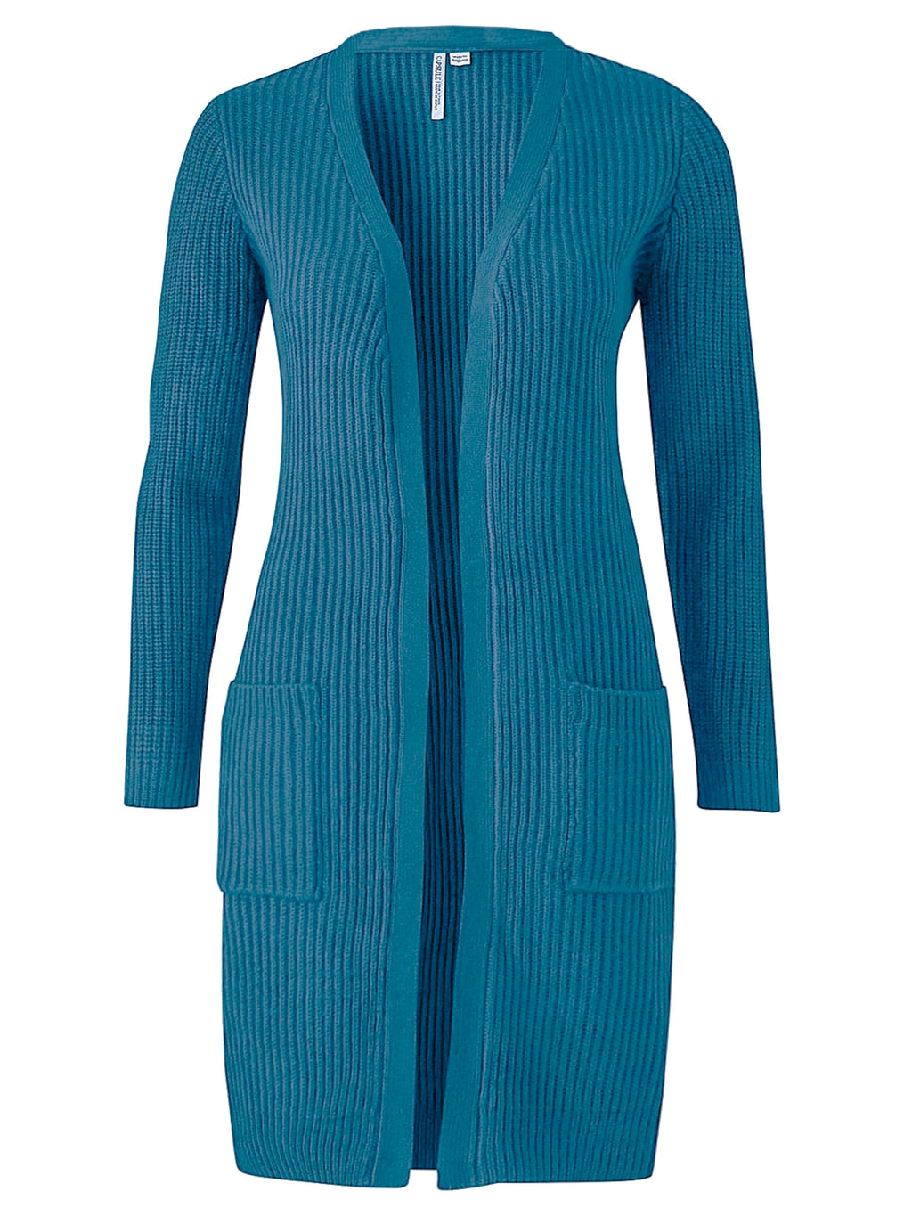 Ladies Teal Open Front Longline Fishermen Ribbed Patch Pocket Plus Size Cardigan