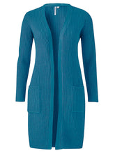 Load image into Gallery viewer, Ladies Teal Open Front Longline Fishermen Ribbed Patch Pocket Plus Size Cardigan
