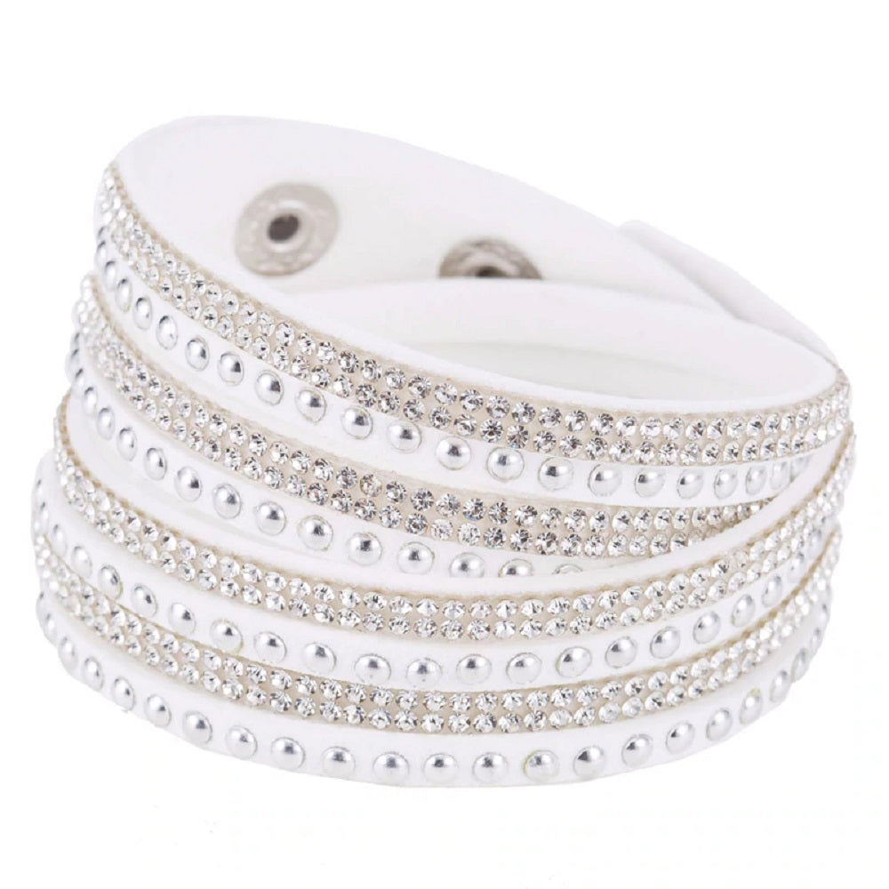 Unisex Paved Leather Rhinestone Bangle Wrap Adjustable Bracelets