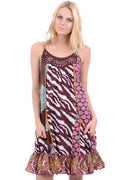 Ladies Bohemian Brown & Pink Multi Print Strappy Dress