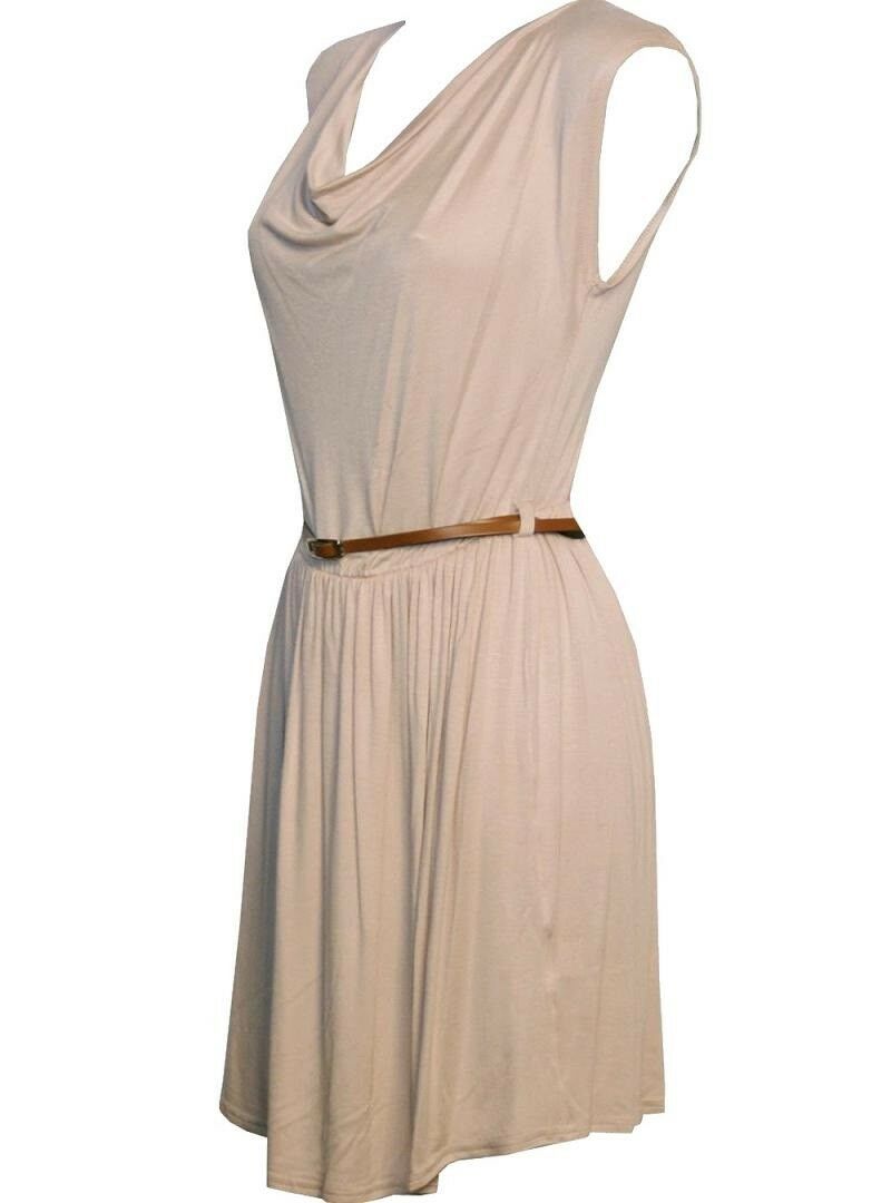 Ladies Beige Sleeveless Skater Dress With Belt