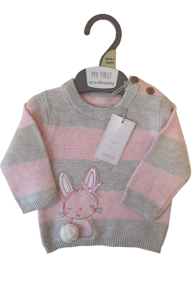 Baby Girls Grey and Pink Striped Bunny Jumper