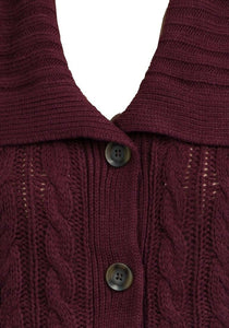 Maroon Cable Knit Button Down Flap Collar Cardigan