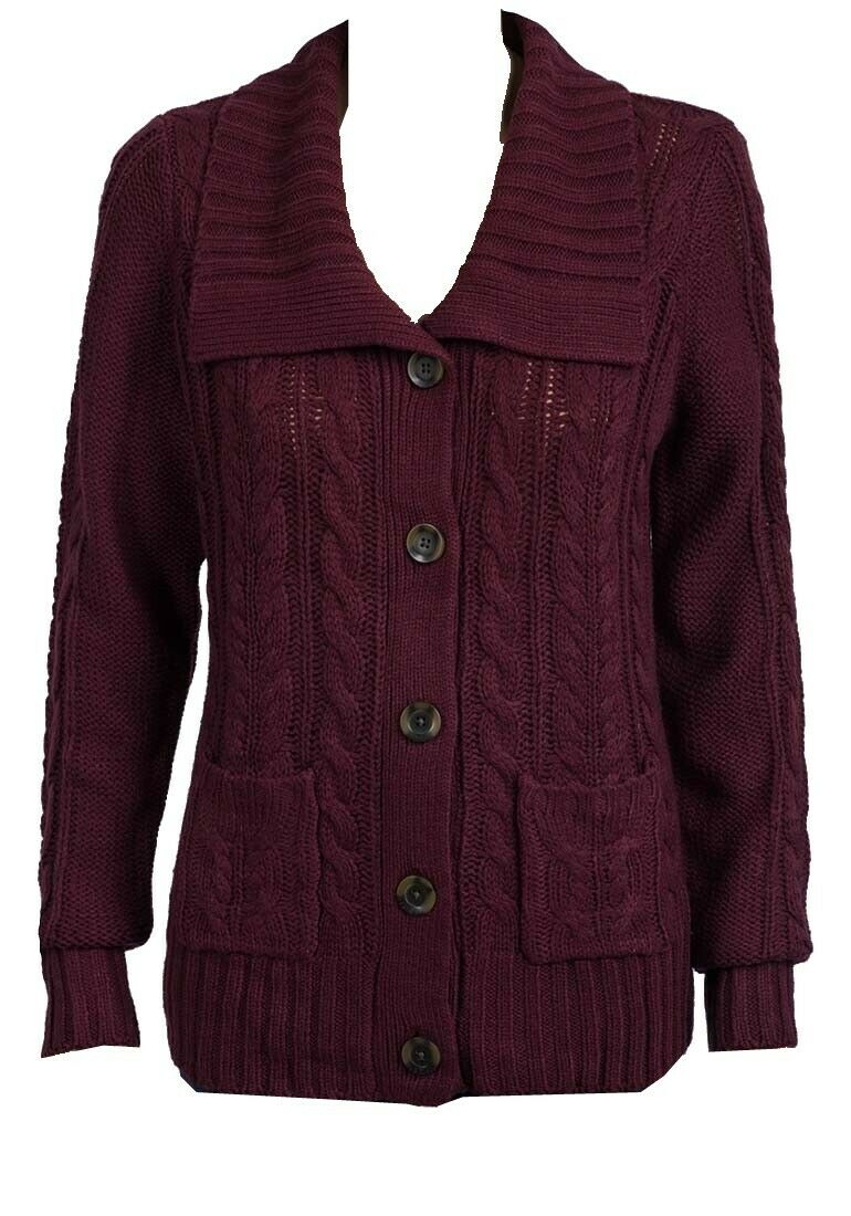 Maroon Cable Knit Button Down Flap Collar Cardigan