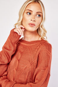 Ladies Rust Cable Knit Pattern Long Sleeve Regular Fit Jumper