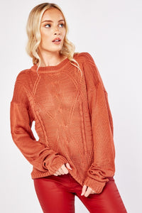 Ladies Rust Cable Knit Pattern Long Sleeve Regular Fit Jumper