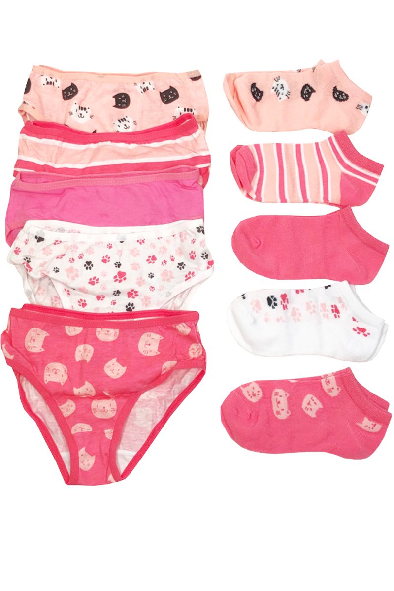Girls Novelty 5 Pack Cotton Briefs & 5 Pack Matching Ankle Socks Underwear Sets