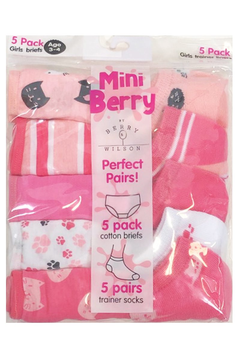 Girls Novelty 5 Pack Cotton Briefs & 5 Pack Matching Ankle Socks Underwear Sets