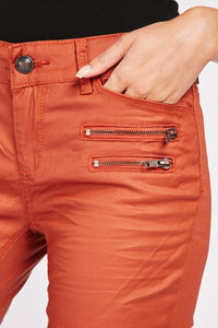 Ladies Rust Coated Skinny Decorative Zip Pockets Mid Rise Smart Trousers