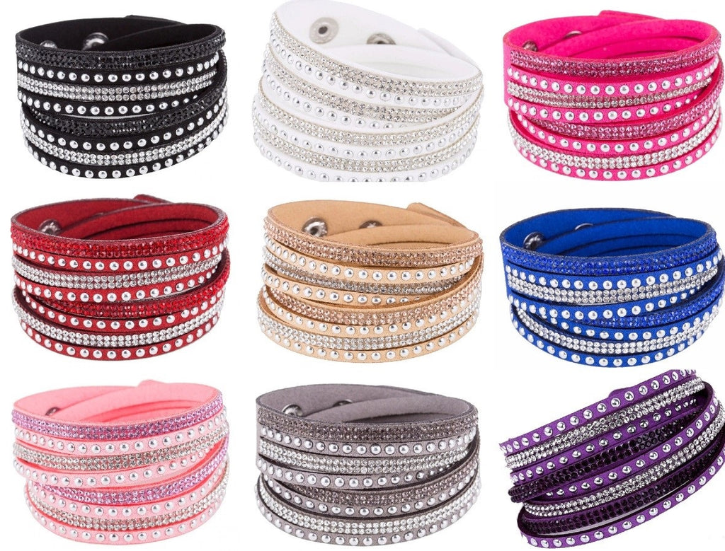 Unisex Paved Leather Rhinestone Bangle Wrap Adjustable Bracelets