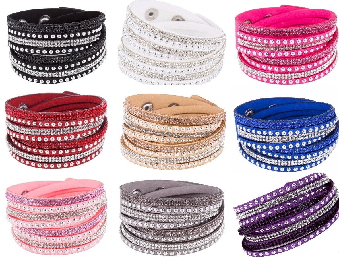Unisex Paved Leather Rhinestone Bangle Wrap Adjustable Bracelets