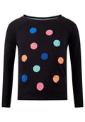 Girls Black Wash Round Neck Terry Dots T-Shirt Top