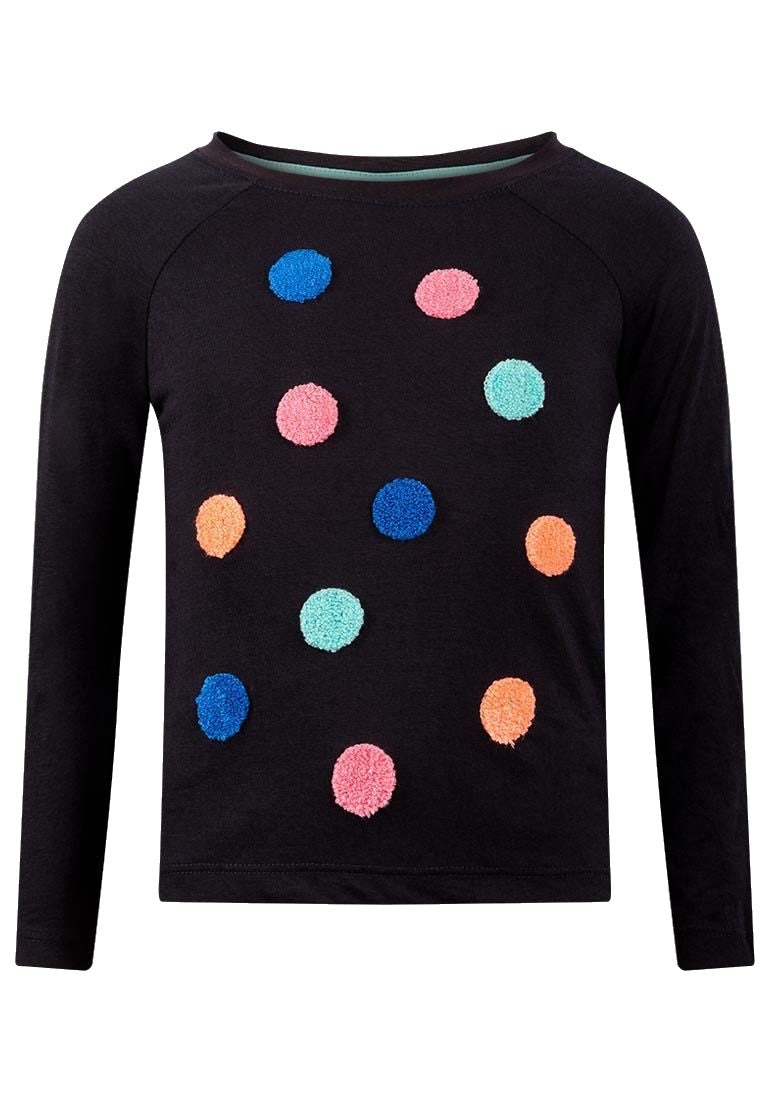 Girls Black Wash Round Neck Terry Dots T-Shirt Top