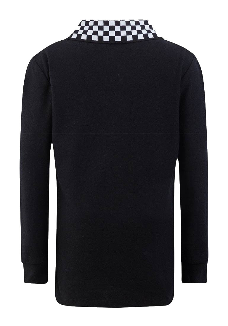 Boys Black & White Art Class Check Collared Long Sleeve Polo T-Shirt