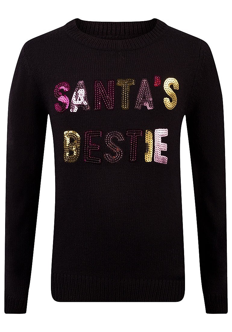 Girls Black Santa's Bestie Christmas Novelty Jumper