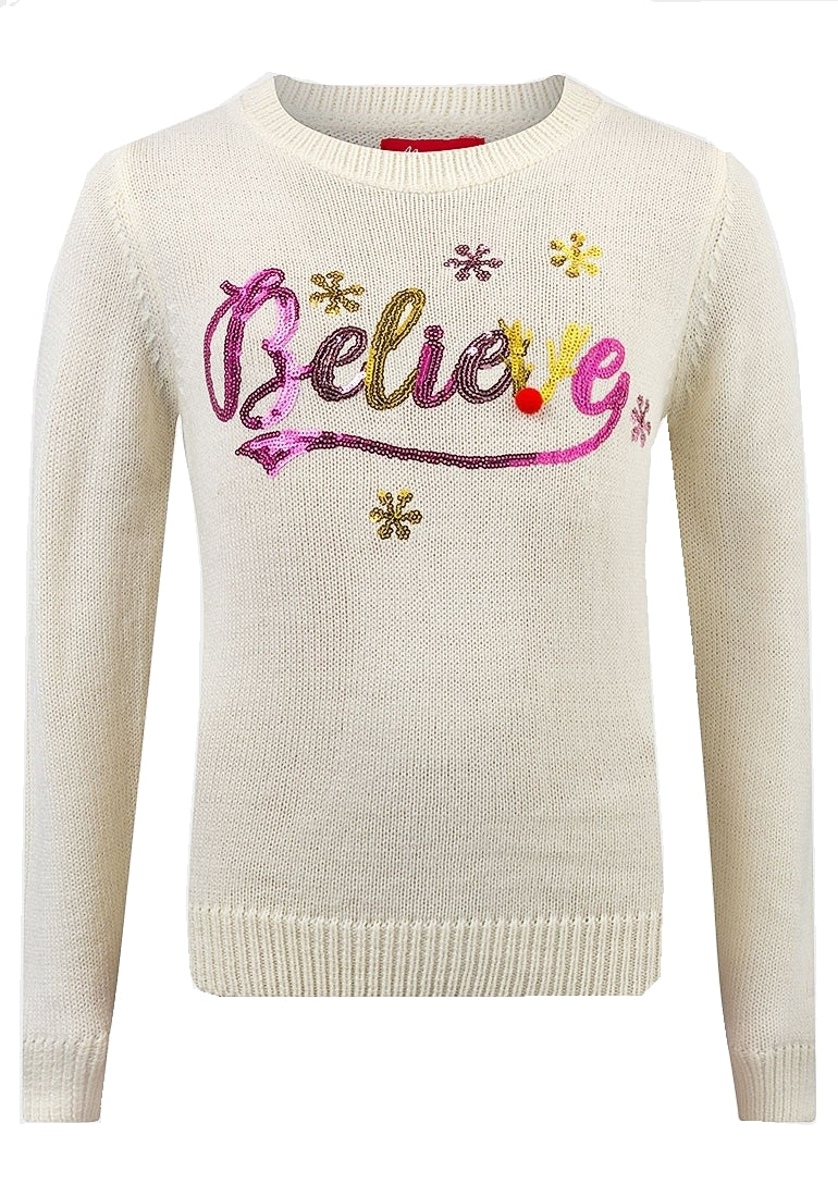 Girls Cream Believe in Santa Christmas Novelty Jumper