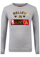 Load image into Gallery viewer, Girls Grey Believe in Santa Christmas Novelty Jumper
