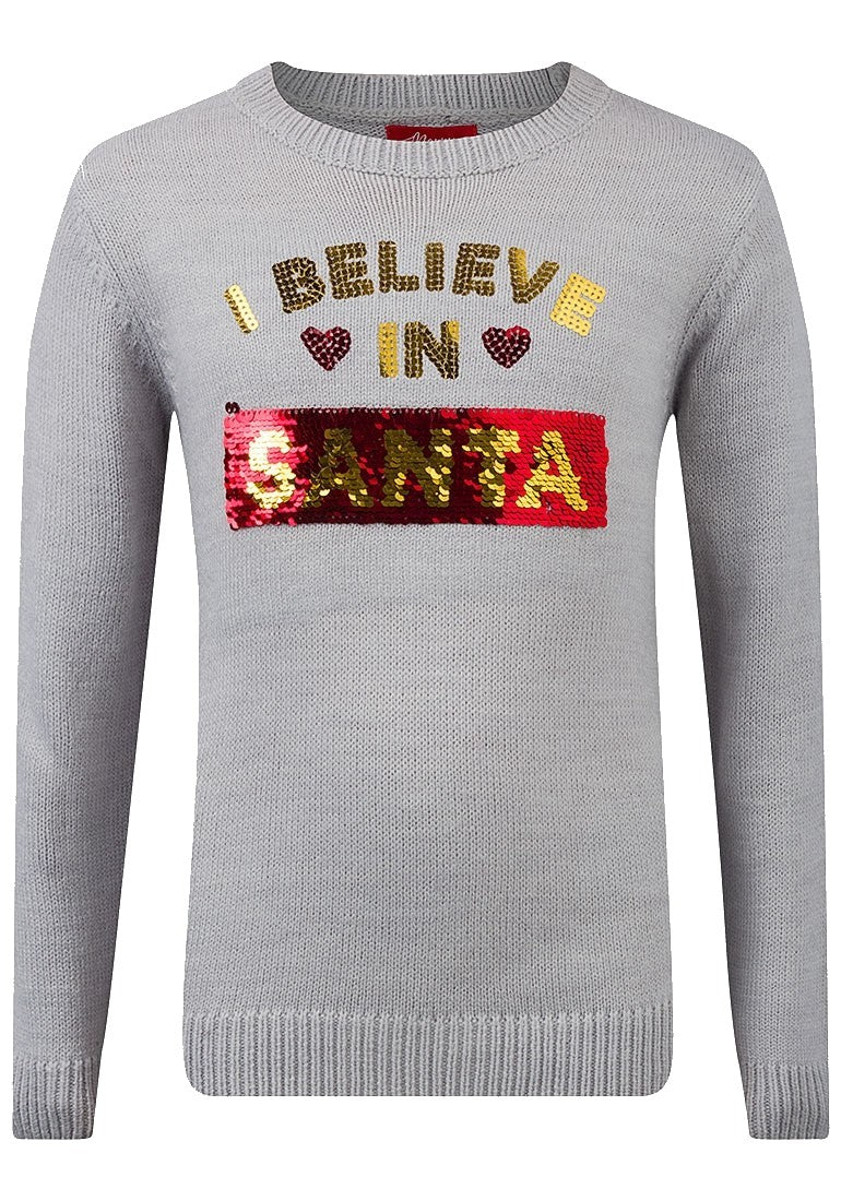 Girls Grey Believe in Santa Christmas Novelty Jumper