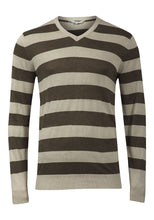 Load image into Gallery viewer, Khaki &amp; Beige Large Stripes V-Neck Knitted Jumper
