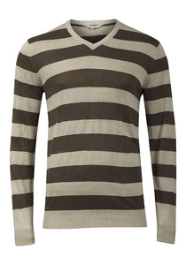 Khaki & Beige Large Stripes V-Neck Knitted Jumper