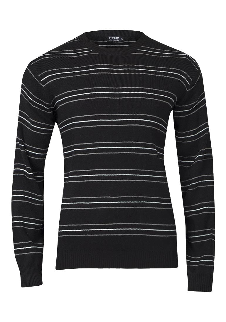 Mens Black Thin Stripe Crew Neck Knitted Jumper