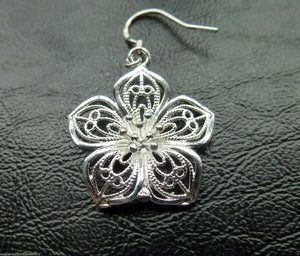 Ladies Silver 925 Sterling Filigree Flower Dangle Drop Hook Earrings