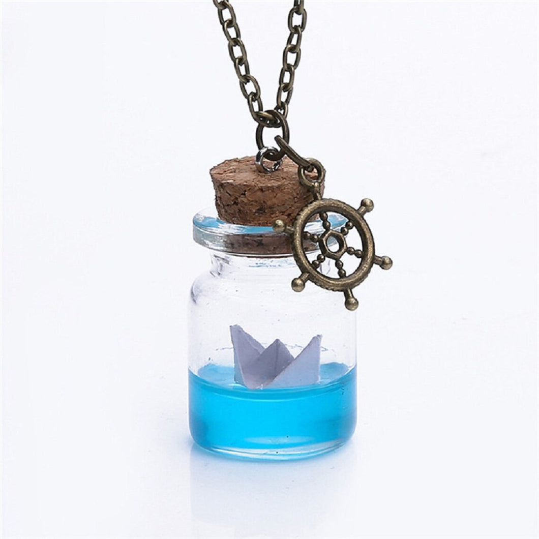 Unisex Sea Water Paper Boat Drifting Glass Wish Bottle Pendant & Anchor Necklace